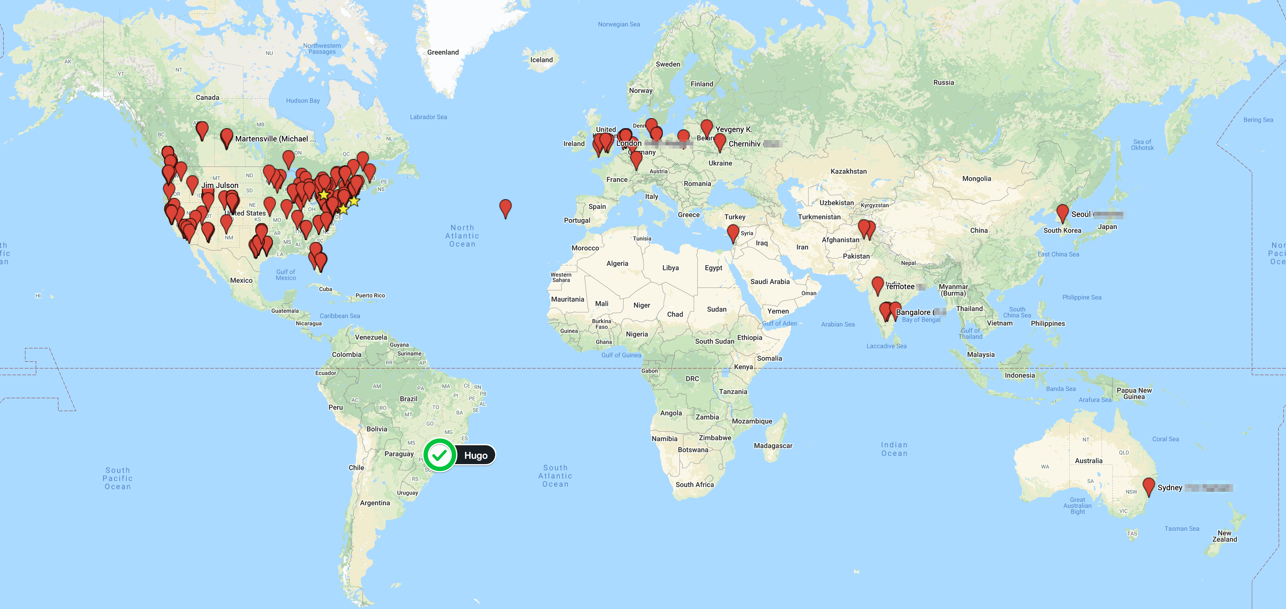 A world map with some of the DO employee locations (and Hugo in Sao Paulo, Brazil)